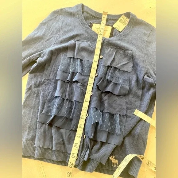 Abercrombie & Fitch Women’s Blue Ruffled Detailed Long Sleeve Cardigan SZ L - Picture 10 of 11